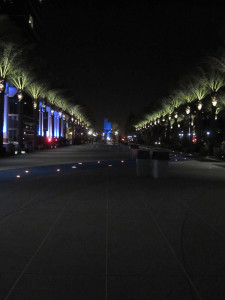 The walkway in front of the convention center all lit up at night.